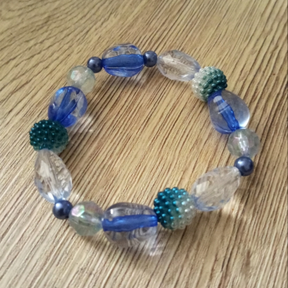 Hand Crafted Cerulean blue beaded Stretchy statement bracelet